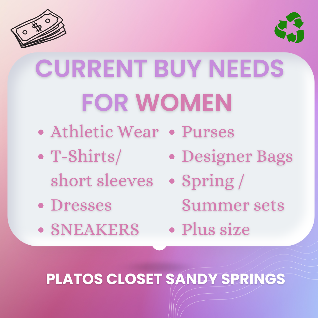 Graphic showing current buy needs for women including athletic wear, t-shirts, dresses, sneakers, purses, designer bags, spring/summer sets, and plus size